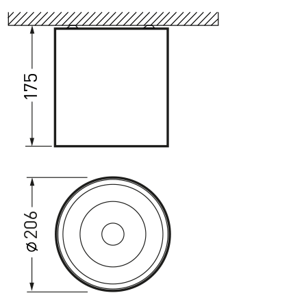 Teknisk ritning av en takmonterad rund armatur från PROLJUS AB i sida- och bottenvy, visar 175 mm höjd och diameter 206 mm, stilren kompakt LED-armatur för professionella installationer och energieffektiv belysning