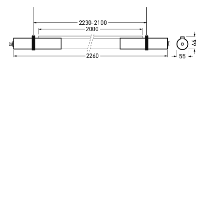 Ritningsbild av PROLJUS AB linjär LED-armatur med två monteringsklämmor, total längd 2260 mm, monteringsavstånd 2000 mm (justerbart 2100–2230 mm), rund ände Ø64 mm och kabelgenomföring Ø55 mm, energieffektiv och robust för industriell och kommersiell belysning