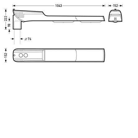 Teknisk ritning av en långsträckt LED-armatur från PROLJUS AB, längd 1043 mm, huvudbredd 152 mm, höjd 222 mm, monteringshål Ø76 mm, energieffektiv, robust och lätt att installera för gator och parker