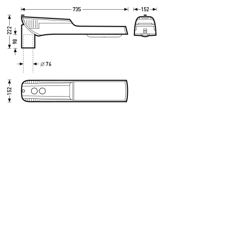 Teknisk ritning av PROLJUS AB:s slimmade armatur i tre vyer med mått 735×152×222 mm och Ø76 mm monteringshål, modern robust design idealisk för professionella installationer från PROLJUS AB