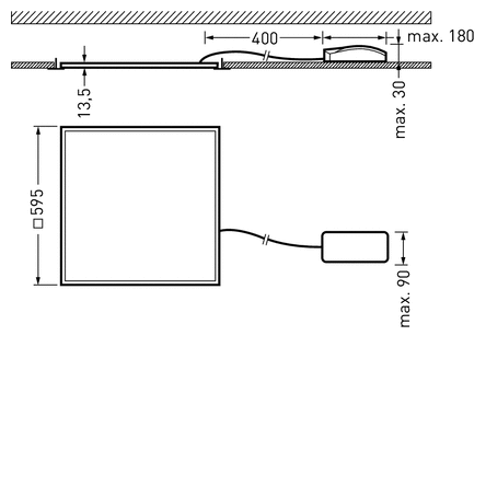 Teknisk ritning av kvadratisk LED-panel 595 x 595 mm från PROLJUS AB, ultratunn med kantprofil 13,5 mm och totalhöjd max 30 mm, anpassad för infällnad eller utanpåliggande montering med max takdjup 180 mm och extern driverbox upp till 90 mm, monteringsklämmor med 400 mm avstånd, energieffektiv och stilren lösning för kontor och butiker
