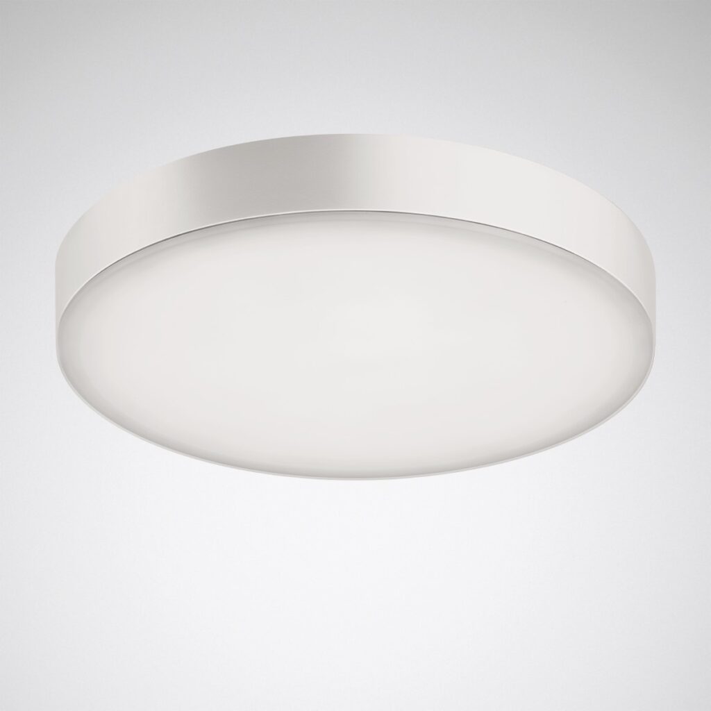 Rund vit takarmatur från PROLJUS AB med slimmat chassi och opal diffusor som sprider ett jämnt, energieffektivt LED-ljus och erbjuder en stilren, prisvärd lösning för hem och kontor