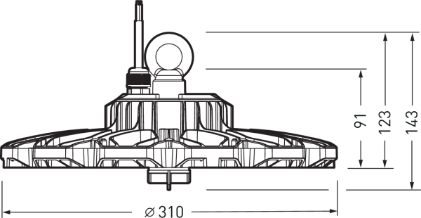 Teknisk sidovy av rund UFO‑formad LED‑armatur med kylflänsar, upphängningsögla och kabelgenomföring, Ø310 mm och höjder 91/123/143 mm, energieffektiv och robust industrilösning från PROLJUS AB