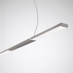 Takhängd slank LED-armatur i mattgrå aluminium med diffus ljuspanel som ger jämnt bländfritt arbetsljus, energieffektiv och modulär design för kontor och offentliga miljöer från PROLJUS AB