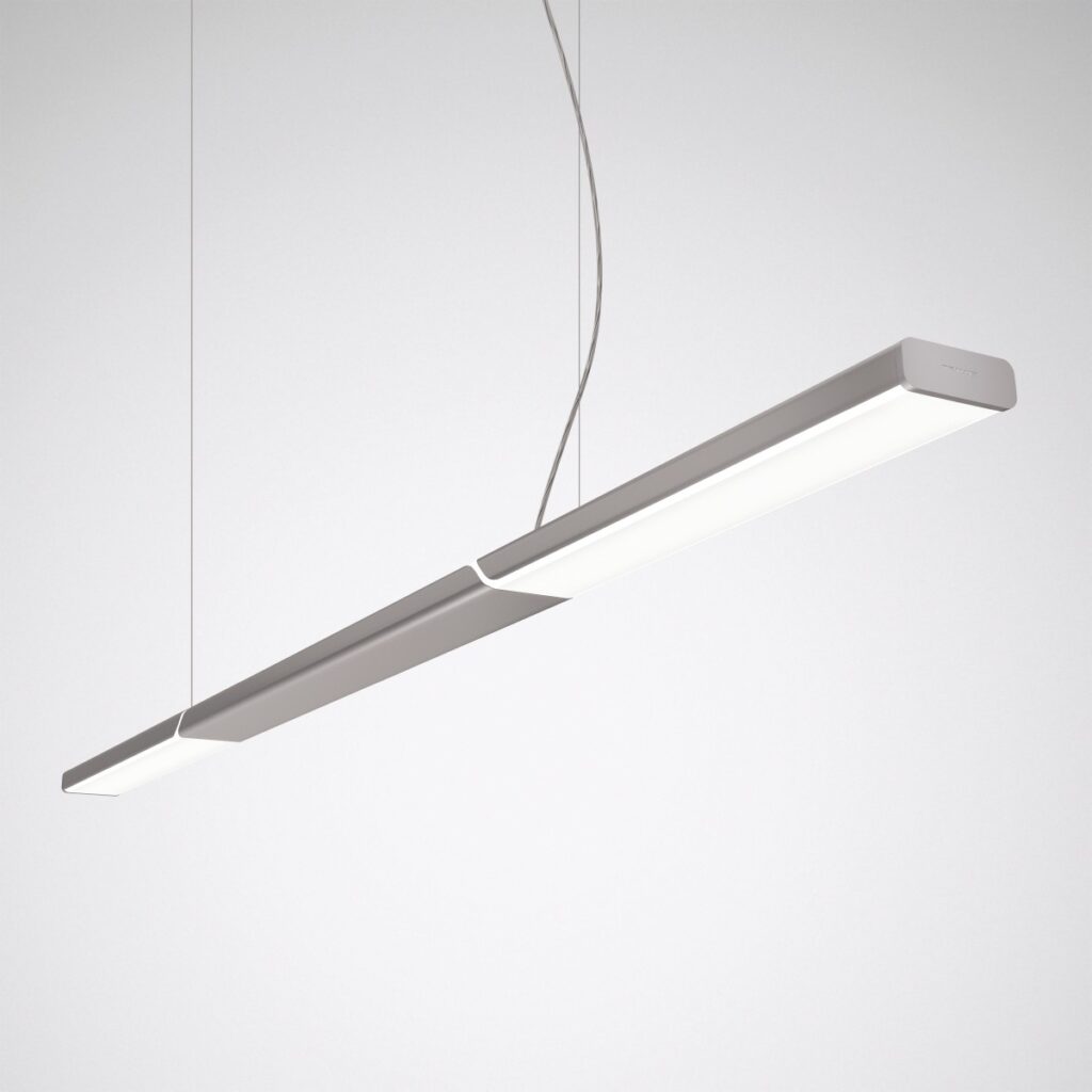 Snygg upphängd linjär LED-armatur i grå aluminium med sammanfogade moduler och mjukt diffust ljus, perfekt för kontor och moderna miljöer från PROLJUS AB
