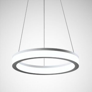 Elegant ringformad LED-pendellampa i vit och grå metall med mjukt diffust ljus och tunna upphängningskablar, energieffektiv och stilren belysningslösning för kontor och offentliga miljöer från PROLJUS AB