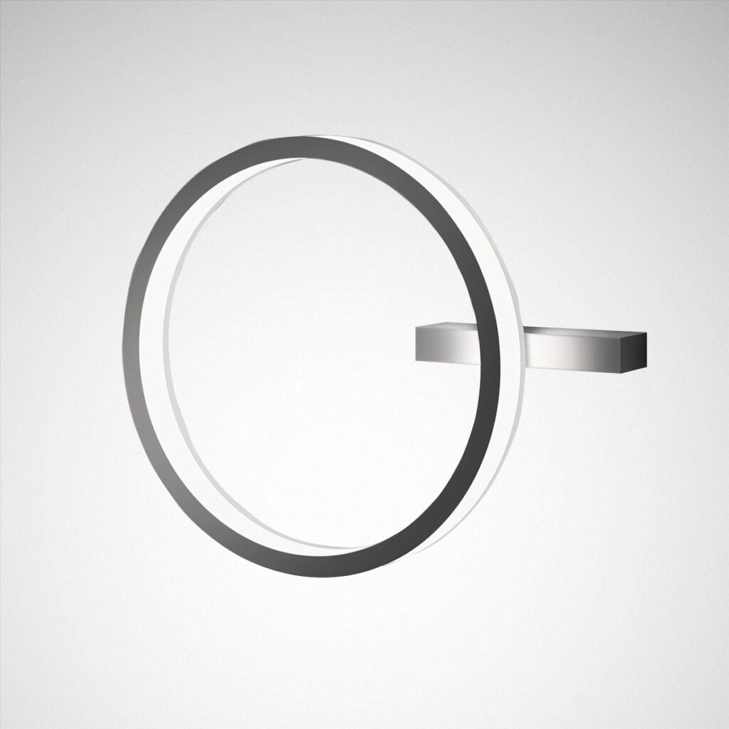 Stilren rund LED-vägglampa i krom med integrerad ljusring monterad på ett diskret rektangulärt fäste som ger jämnt indirekt ljus för moderna interiörer från PROLJUS AB