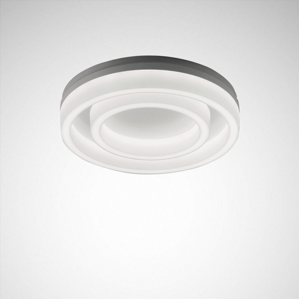 Modern taklampa från PROLJUS AB med mjuka koncentriska ringar i vitt, energieffektiv LED, dimbar och stilren för hem och kontor