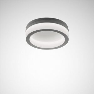 Takmonterad rund LED-armatur med mattgrå ring och mjukt diffust ljus, modern energieffektiv design som ger jämnt bländfritt ljus i kontor, korridorer och hem, perfekt för projekt och återförsäljning hos PROLJUS AB