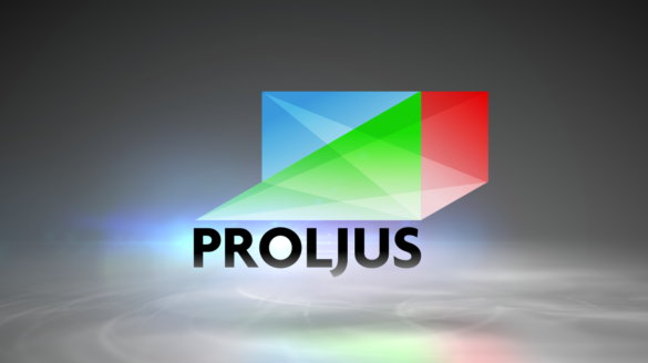 Färgglad PROLJUS-logotyp med blå, grön och röd prismaliknande form och strålande ljuseffekter som framhäver professionella armaturer och scenbelysning, modern design som stärker försäljningen för PROLJUS AB