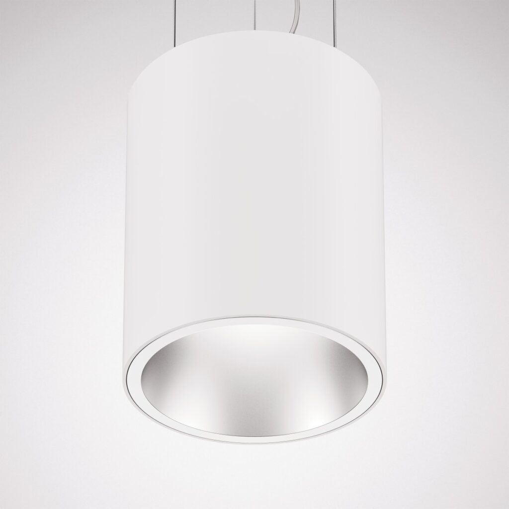 Vit cylinderformad hängande downlight med matt innerreflektor i modern minimalistisk design från PROLJUS AB perfekt för butik, kontor och restaurangbelysning