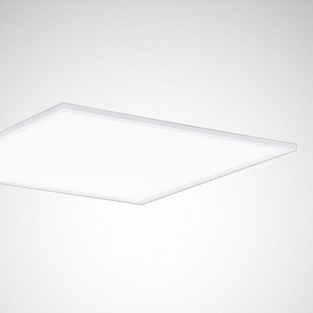 Tunn kvadratisk takpanel i vit aluminium med jämnt bländfritt LED-ljus och slimmad profil, energieffektiv premiumlösning för kontor, skolor och butiker från PROLJUS AB