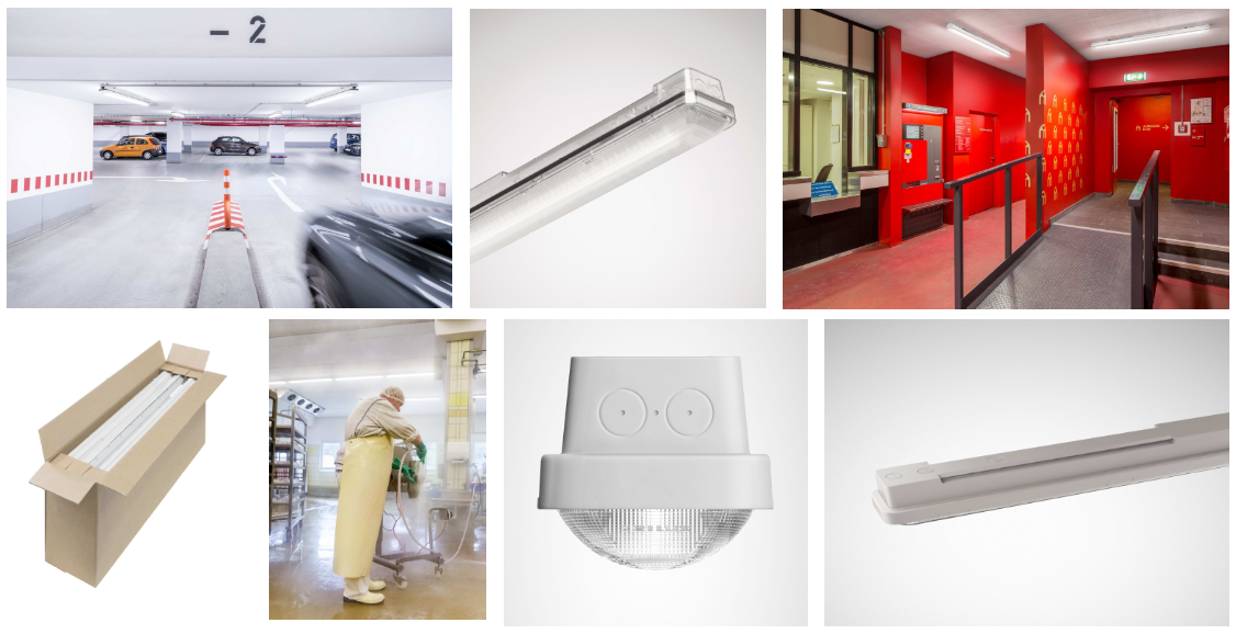 PROLJUS AB kollage med energieffektiva LED-armaturer för garage, industri och entréer inklusive linjära battens, vattentäta trågarmaturer, robusta kåpor, integrerade rörelsesensorer och nödljus — enkel installation, lång livslängd