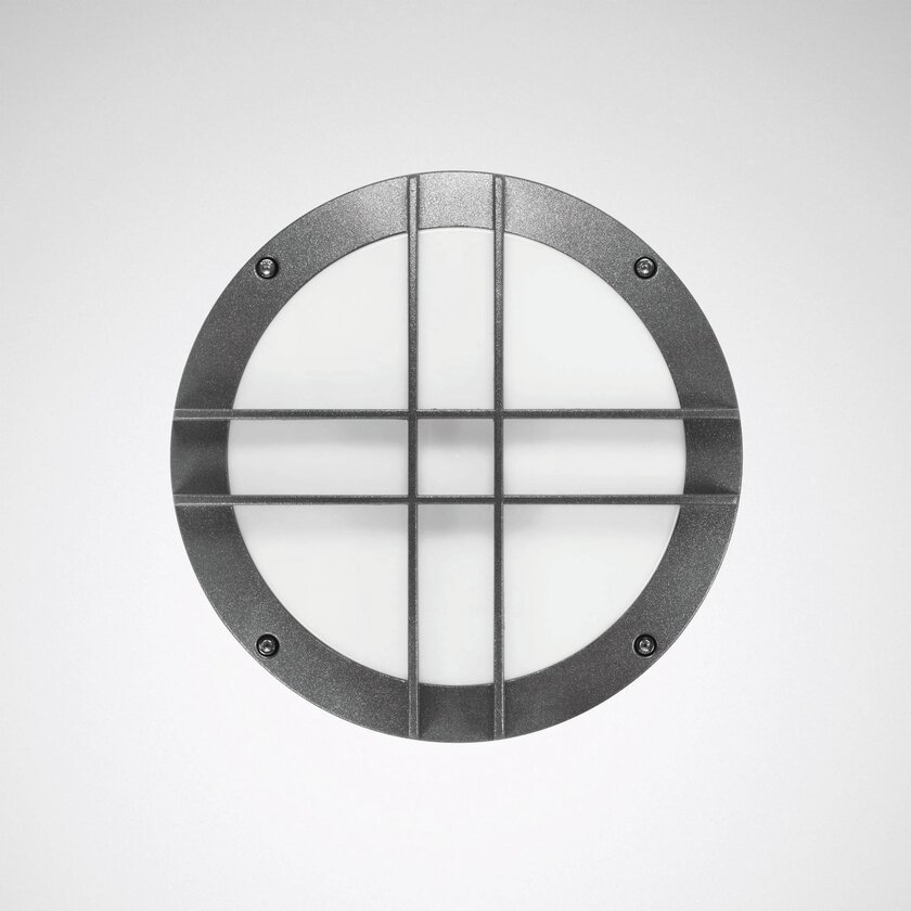 Rund utomhusvägglampa LED med galler, robust bulkhead-armatur i grå metall för fasadbelysning