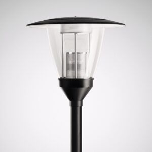 Modern postarmatur i svart med koniskt klart glas och centrerad LED-insats, energieffektiv och robust för parker, gångvägar och bostadsområden från PROLJUS AB