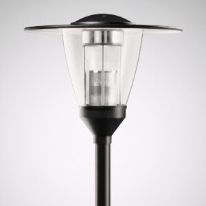 Stilren svart- och silverfärgad gatlykta på stolpe med koniskt klart hölje och synlig integrerad LED‑modul, energieffektiv och robust design från PROLJUS AB idealisk för parker, gångvägar och stadsmiljöer