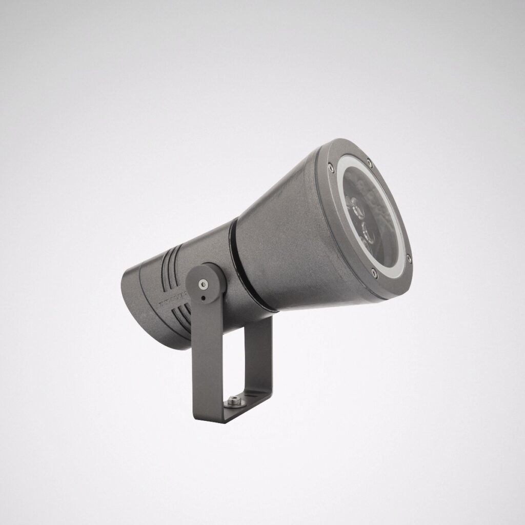 Modern grå LED-spotlight på justerbart fäste från PROLJUS AB, energieffektiv och vädertålig aluminiumarmatur med klart glas för skarp riktad ljusbild och professionell arkitektur- och landskapsbelysning