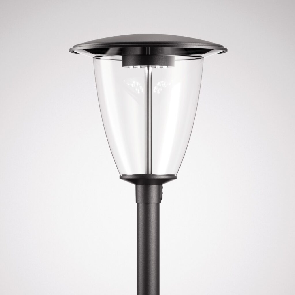 Stilren svart parkarmatur från PROLJUS AB med konformat klart glas, centralt monterad energieffektiv LED och robust stolpe idealisk för gatubelysning och offentliga miljöer