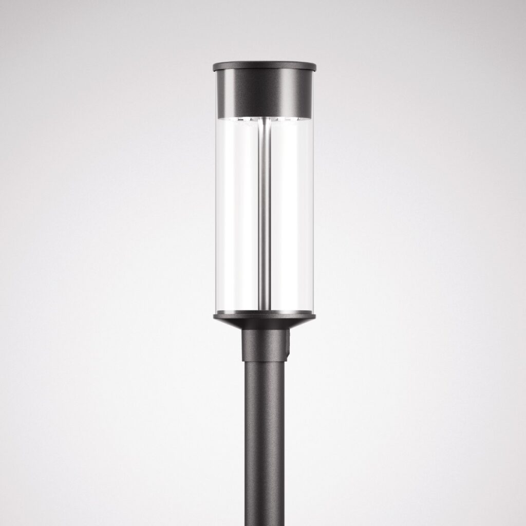 Modern svart metallpollare med cylindrisk klar kupa och centrerad LED-ljuskälla, energieffektiv, stilren och hållbar utemarkbelysning från PROLJUS AB