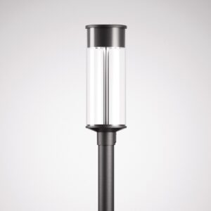 Modern svart metallpollare med cylindrisk klar kupa och centrerad LED-ljuskälla, energieffektiv, stilren och hållbar utemarkbelysning från PROLJUS AB