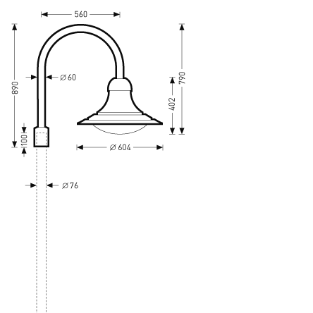 Elegant väggmonterad utomhusarmatur från PROLJUS AB med lång böjd arm och stor skärm, skärmens diameter 604 mm, totalhöjd 890 mm och räckvidd 560 mm, robust design som framhäver fasader och passar professionella projekt