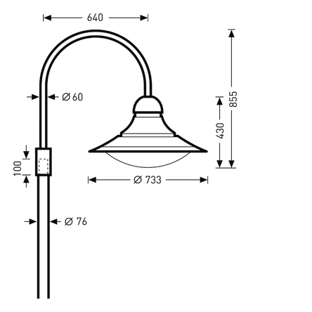 Teknisk ritning av en elegant bågformad utearmatur med rund metallskärm och diffus kupa, skärmdiameter 733 mm och totalhöjd 855 mm, robust rördiameter 60–76 mm, idealisk för gator, entréer och offentlig miljö, PROLJUS AB kvalitetsarmatur
