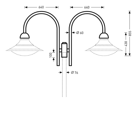 Dubbel väggarmatur från PROLJUS AB med två eleganta gooseneck-armar och stora kupaformade skärmar, varje arm 640 mm och totalhöjd 855 mm, robust Ø60 mm rörkonstruktion för säker montering och effektiv nedåtriktad belysning perfekt för entréer och fasader