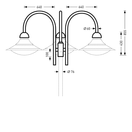 Teknisk ritning av dubbla väggarmaturer från PROLJUS AB med två bågformade armar och halvkupaformade skärmar, markerad ljusspridning och monteringsplatta, måttangivelser höjd 855 mm, armutfall 640 mm, centrum Ø76 mm och detalj Ø60 mm, stilren och robust lösning för hotell, restaurang och offentliga miljöer