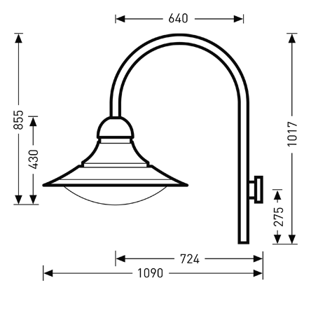 Väggmonterad utearmatur från PROLJUS AB med elegant böjd arm och vid flack skärm över kupolformad diffusor, robust väggfäste och måtten cirka 1017 mm höjd och 1090 mm djup, stilren och hållbar lösning för entré- och fasadbelysning