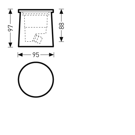 Teknisk illustration av en kompakt infälld LED-armatur från PROLJUS AB med cirkulär toppvy Ø95 mm och sidovy som visar monteringsdjup 88–97 mm samt vinklingsbar ljuskälla idealisk för moderna kommersiella och bostadsinstallationer