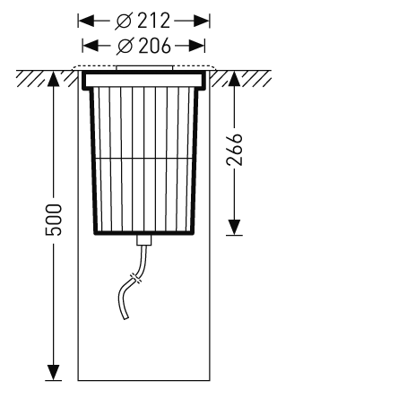 Teknisk skiss av rund infälld LED-armatur, utskärningsmått Ø206 mm och ram Ø212 mm, installationsdjup 266 mm och total längd 500 mm, synlig kylning och förmonterad kabel, energieffektiv och lättinstallerad lösning från PROLJUS AB