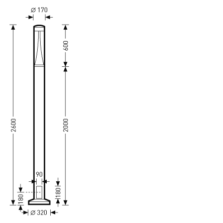 Teknisk ritning av en slank gatljusstolpe med LED-armatur från PROLJUS AB, totalhöjd 2600 mm, armatursektion 600 mm med Ø170 mm, pelarstam 2000 mm och fotplatta Ø320 mm med fästhål 180 mm, elegant energieffektiv och robust lösning för gator, parker och entréer för PROLJUS AB