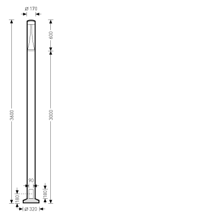 Ritning av slank 3,6 m hög utomhusstolpe med integrerad armatur och bottenplatta, toppdiameter 170 mm och bas Ø320 mm, modern och robust design för gatubelysning från PROLJUS AB