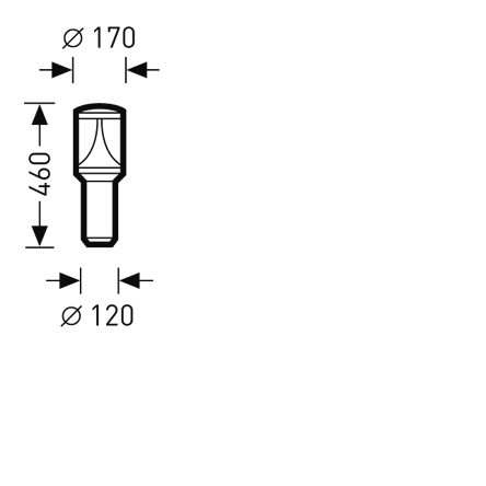 Teknisk ritning av PROLJUS utearmatur med cylindrisk topp Ø170 mm, underdel Ø120 mm och totalhöjd 460 mm, väderbeständig, energieffektiv och lätt att installera från PROLJUS AB