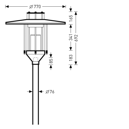 Teknisk ritning av pollarmatur med vid skärm, cylindrisk glasinsats och slank Ø76‑stolpe, energieffektiv och robust utomhusarmatur idealisk för parker, gångvägar och offentliga miljöer från PROLJUS AB