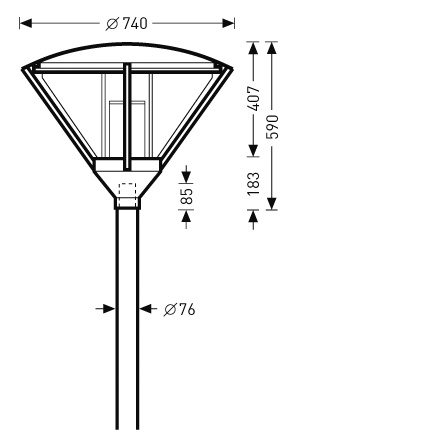 Teknisk ritning av PROLJUS AB:s koniska utomhusarmatur med kupolliknande topp Ø740 mm, stolpprofil Ø76 mm och totalhöjd 590 mm (407 + 183 mm), robust, energieffektiv och lättinstallerad lösning för offentlig och kommersiell belysning