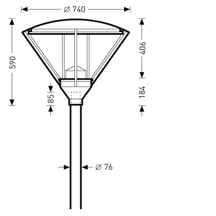 Teknisk teckning av en konisk utomhusarmatur från PROLJUS AB med kupolformad topp och inre reflektorer, Ø 740 mm i diameter, totalhöjd 590 mm och anpassad för montering på Ø 76 mm stolpe, energieffektiv, robust och modern design perfekt för offentlig och kommersiell belysning