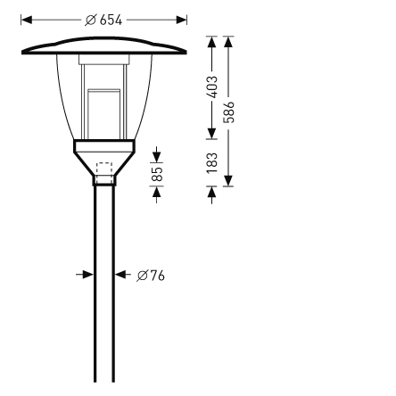 Teknisk ritning av en elegant och robust ljusarmatur med kupolformad skärm Ø654 mm och total kroppshöjd 586 mm, avsedd för montering på Ø76 mm pollar med 85 mm monteringshals, energieffektiv LED-lösning och stilren design som passar parker, torg och gångstråk från PROLJUS AB