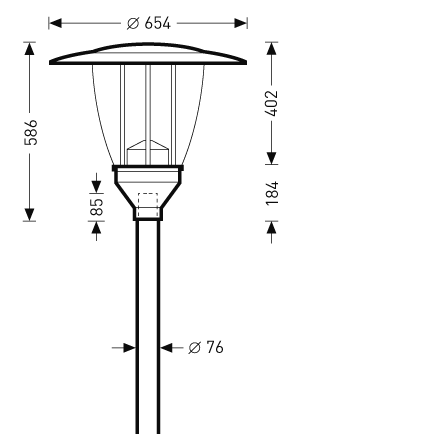 Teknisk ritning av PROLJUS AB utomhusarmatur med kupolformad skärm Ø654 mm och totalhöjd 586 mm, transparent konformat insats med vertikala ljusledare och robust monteringsdel för stolpe Ø76 mm, väderbeständig och energieffektiv lösning för park‑ och gatumiljöer