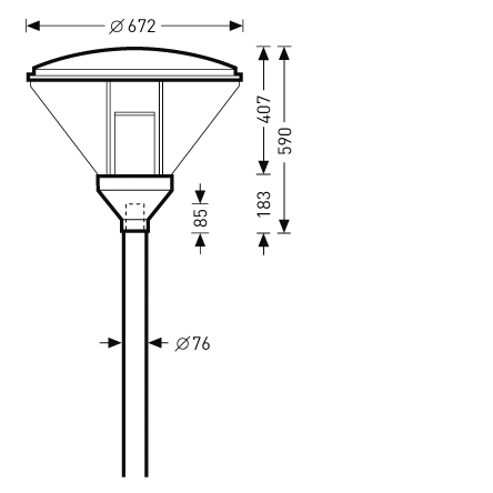 Teknisk illustration av PROLJUS AB parkarmatur med kupolformad diffusor Ø672 mm och konformat hölje, total höjd cirka 590 mm och montage mot stolpe Ø76 mm, energieffektiv och robust konstruktion för stadsgator och parker, enkel installation och lågt underhåll