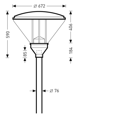 Teknisk linjeteckning av en stilren och hållbar parkarmatur från PROLJUS AB med konisk skärm och kupol, skärmdiameter Ø672 mm och totalhöjd 590 mm, anpassad för montage på Ø76 mm stolpe, energieffektiv och attraktiv lösning för offentliga och kommersiella utemiljöer