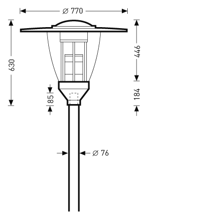Teknisk ritning av PROLJUS AB parkarmatur med rund kåpa Ø 770 mm och totalhöjd 630 mm, transparent kupa med 446 mm ljusdel, stabil bottendel och stolprör Ø 76 mm, energieffektiv och väderbeständig utomhusbelysning idealisk för parker och gator