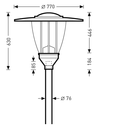 Teknisk ritning av PROLJUS ABs eleganta och robusta parkarmatur med vid skärm Ø 770 mm, totalhöjd 630 mm, dekorativ kupol och fyra vertikala stag, stolpfäste Ø 76 mm, perfekt för gator, torg och parker