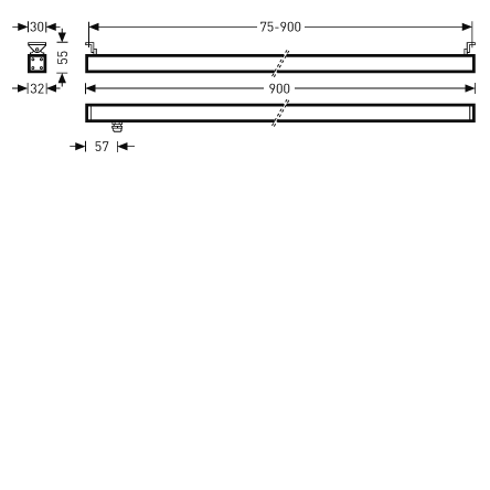Teknisk illustration av slimmade linjära LED-armaturer från PROLJUS AB i flera längder 75–900 mm och 900 mm standard, med profil- och monteringsmått som visar låg bygghöjd, robust design och enkel installation – energieffektiva armaturer perfekta för kontor, butik och industrimiljöer