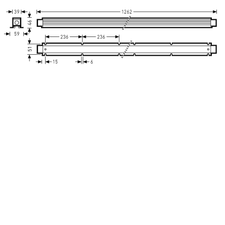Teknisk ritning av smal linjär LED-armatur från PROLJUS AB med längd 1262 mm, tvärsnitt 39×59 mm och monteringshål med 236 mm mellanrum, energieffektiv, robust och enkel att installera i kommersiella miljöer