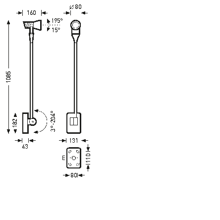 Teknisk illustration av PROLJUS golvlampa med långt justerbart skaft och vridbart lamphuvud Ø80 mm med 195° rotation och 15° tilt, totalhöjd 1085 mm och stabil fyrkantig bas 131×110 mm, modern och robust arbets- och butiksbelysning från PROLJUS AB perfekt för flexibla belysningslösningar