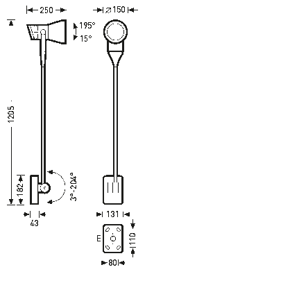 Teknisk skiss av två justerbara armaturer från PROLJUS AB med lång smal arm, vinklingsbart ljushuvud (vinkel cirka 195° och 15° fininställning), total längd cirka 1205 mm och fästplatta 80×110 mm, modern robust design idealisk för butik, galleri och utställningsaccentbelysning