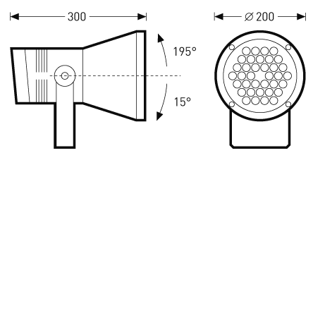 Sid- och frontvy av justerbar PROLJUS LED-armatur 300 mm lång med Ø200 mm front, cirkulär LED-matris, vinklingsmöjlighet 195° upp och 15° ned, robust fäste och energieffektiv design perfekt för utomhus- och fasadbelysning, finns hos PROLJUS AB