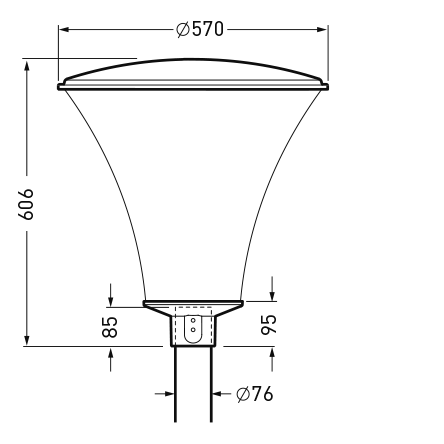 Teknisk ritning av en elegant konformad parkarmatur från PROLJUS AB, diameter 570 mm och totalhöjd 606 mm, anpassad för montering på Ø76 mm stolpe, stilren modern design som erbjuder robust, energieffektiv och långlivad utomhusbelysning