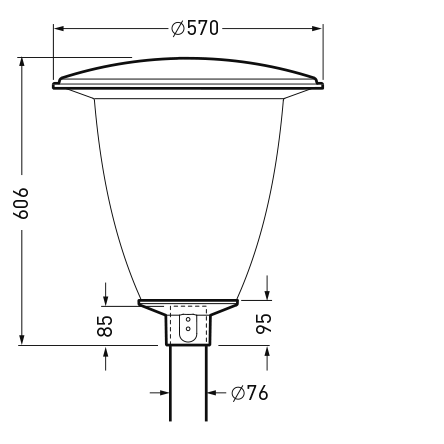 Teknisk ritning av elegant kupformad utomhusarmatur med toppdiameter Ø570 mm, totalhöjd 606 mm och stolpinfästning Ø76 mm, detaljerade mått 85 mm och 95 mm vid underdel, robust och energieffektiv design perfekt för gator, parker och urbana miljöer från PROLJUS AB